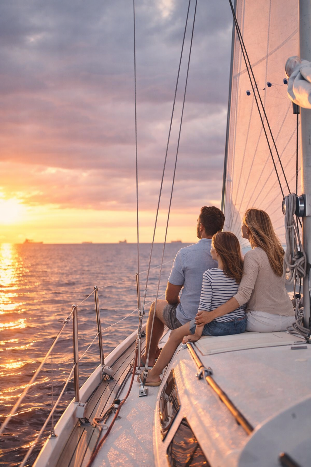 Família reunida no convés de um veleiro observando o horizonte ao entardecer